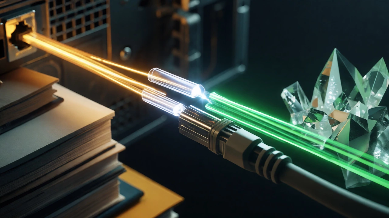 Fiber optic cable splitting light into golden and green beams symbolizing PHP and Python