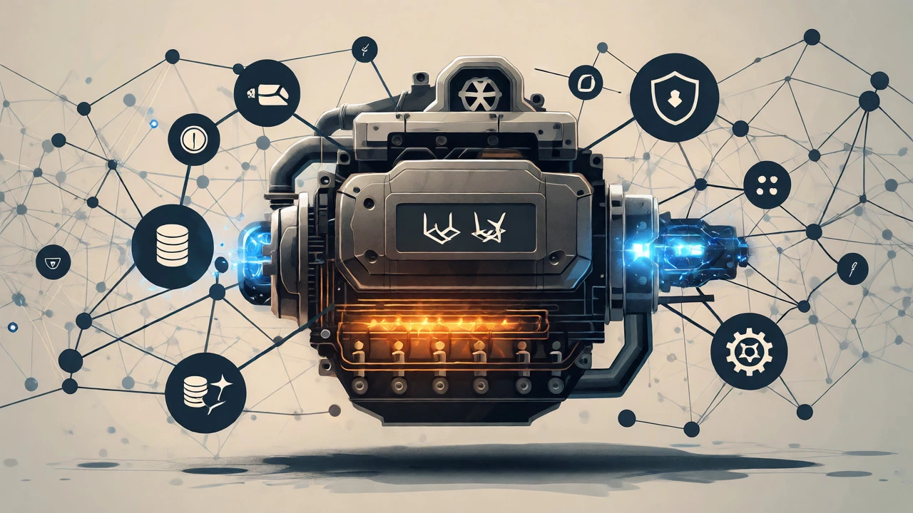 Glowing metallic engine core surrounded by framework symbols and gears