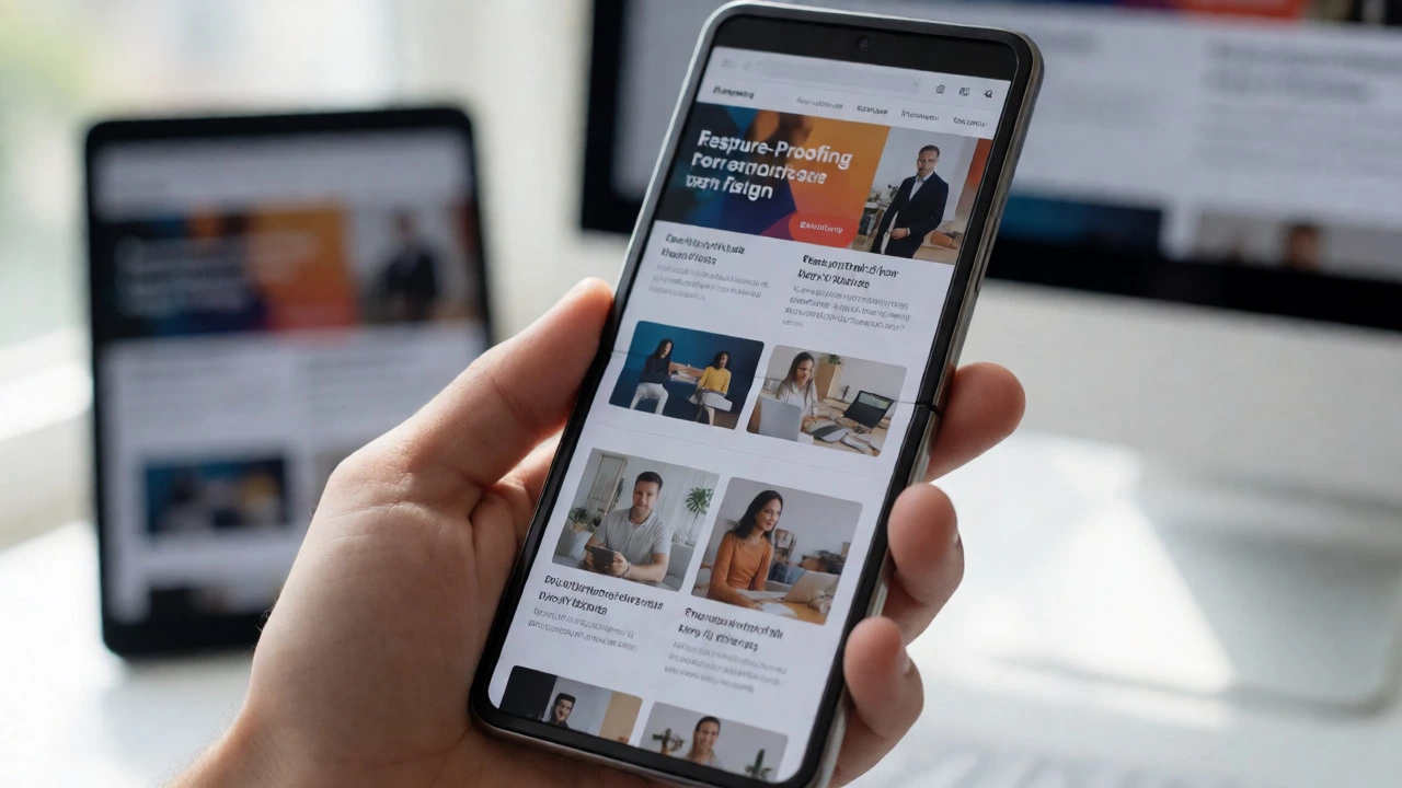 Hand holding foldable phone displaying responsive website layout adjustment