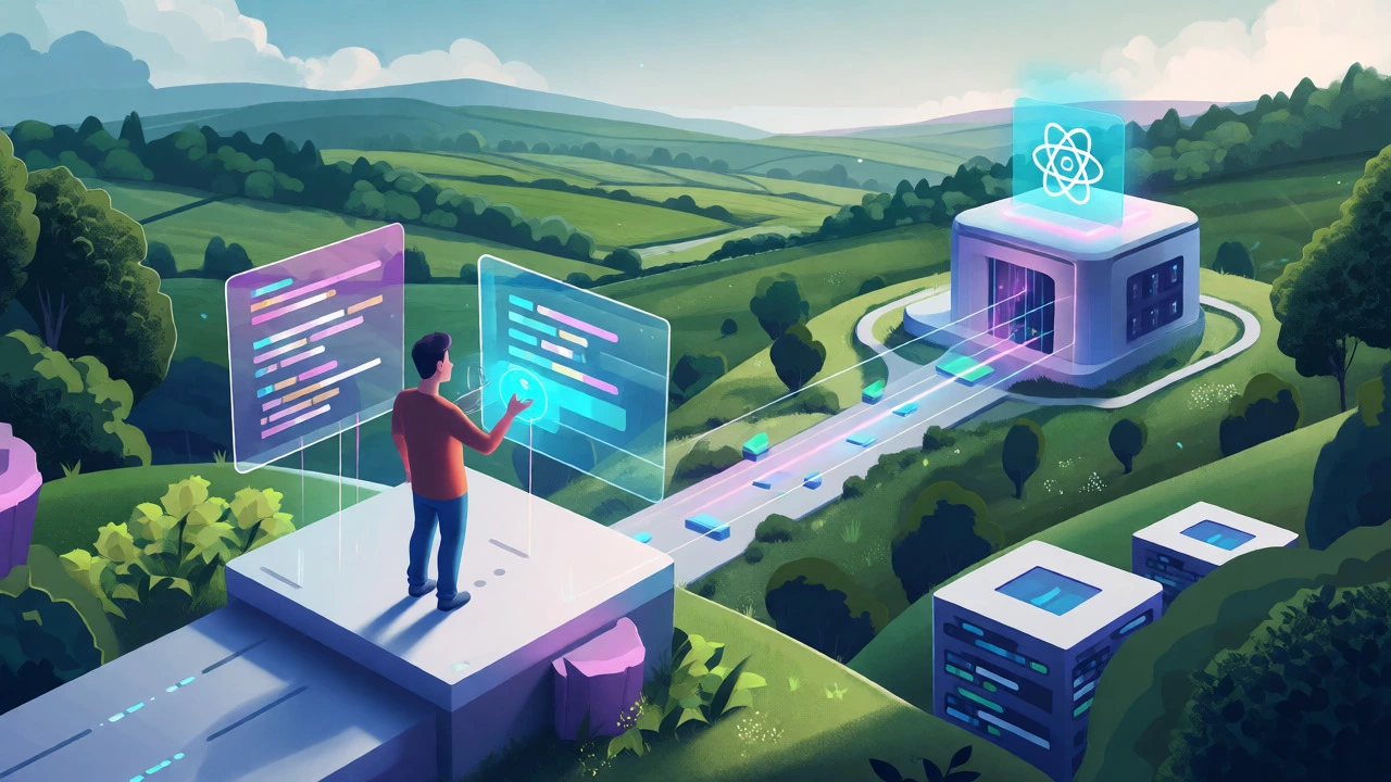 Isometric view of a developer connecting code to a headless CMS system.