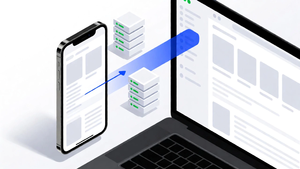 Isometric view of e-commerce site adapting from mobile to desktop via server logic