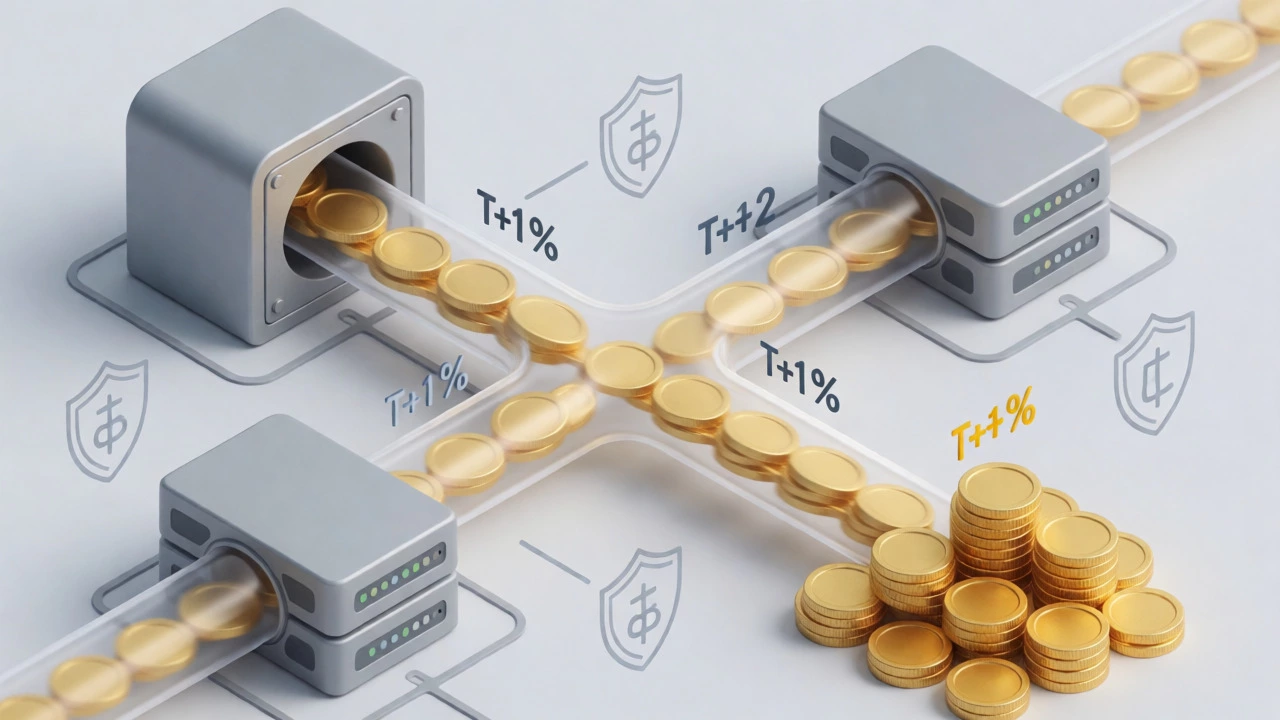 Isometric view of funds settling from issuing banks to merchant accounts through secure payment pipelines.