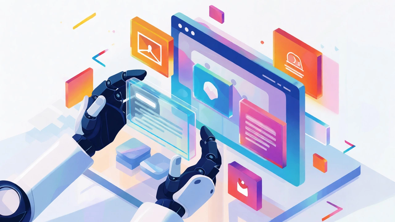 Isometric view of modular website blocks snapping together to form a page.
