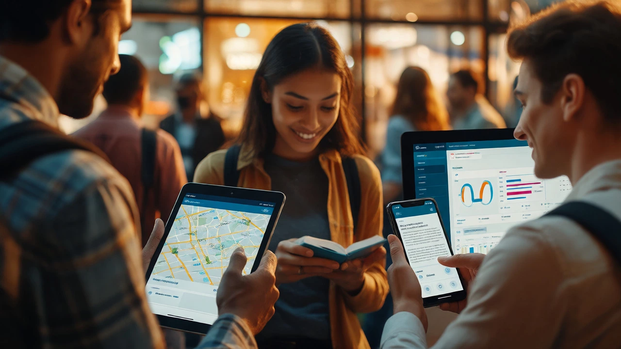 People using phones, tablets, and desktops with optimized web interfaces.