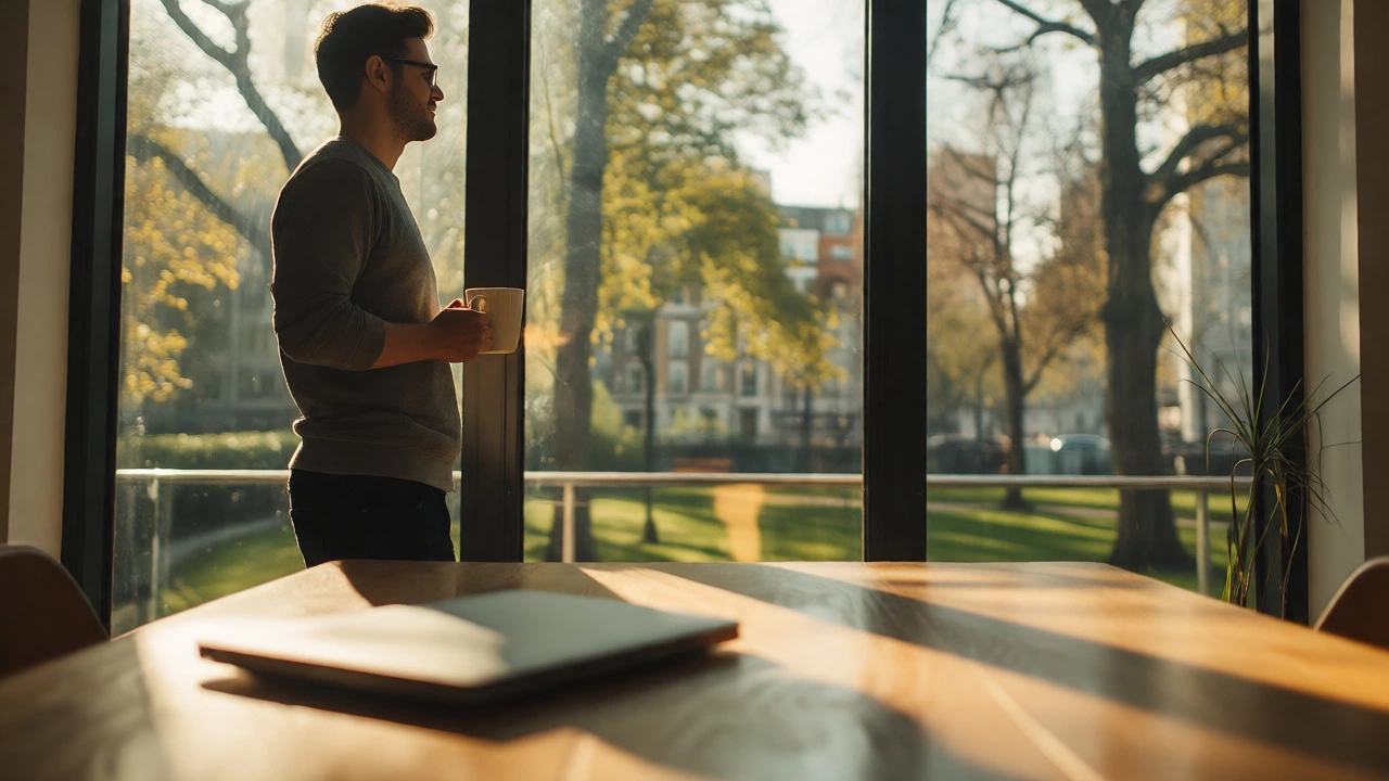 Relaxed freelancer standing by a window with a closed laptop nearby.