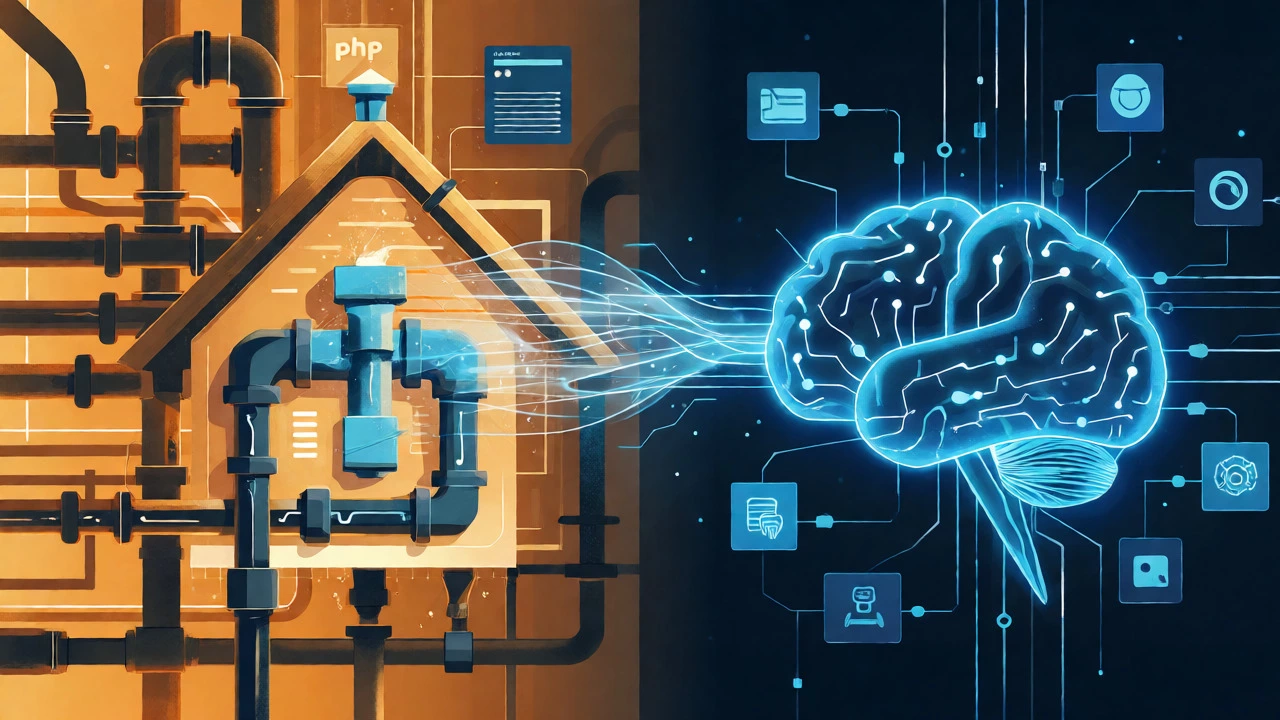 Split conceptual art showing PHP plumbing and Python AI systems connecting via APIs
