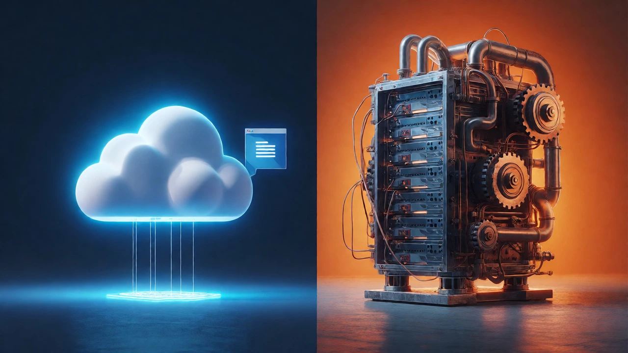 Visual comparison between lightweight cloud storage and heavy server hardware.