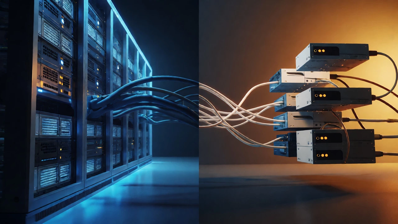 3D conceptual render comparing stable paid server infrastructure with flexible free hosting tiers.