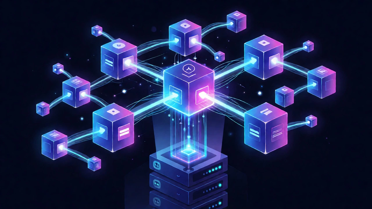 Abstract visualization of interconnected React components and data flow