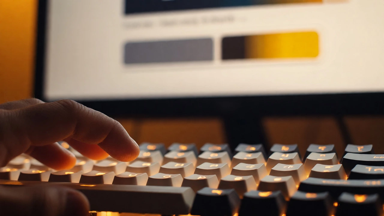 Close-up of hands typing near a screen showing web interaction