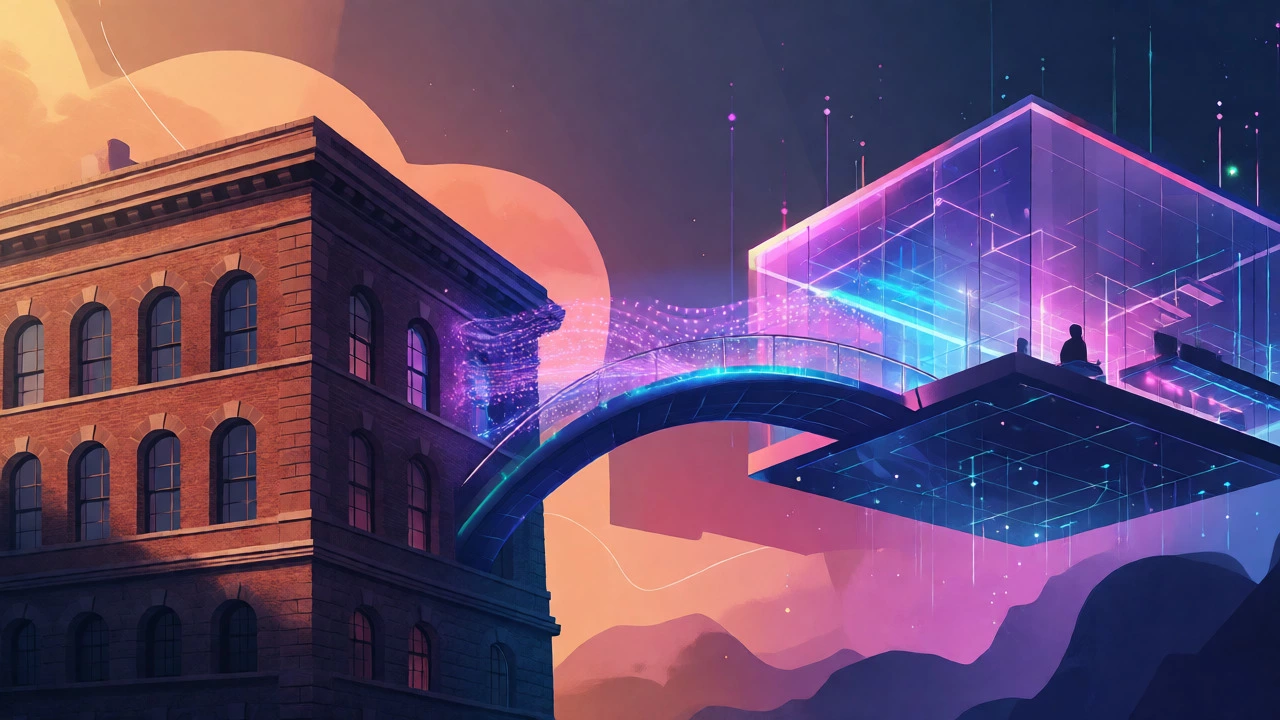 Conceptual bridge connecting a traditional WordPress building to a futuristic Python service