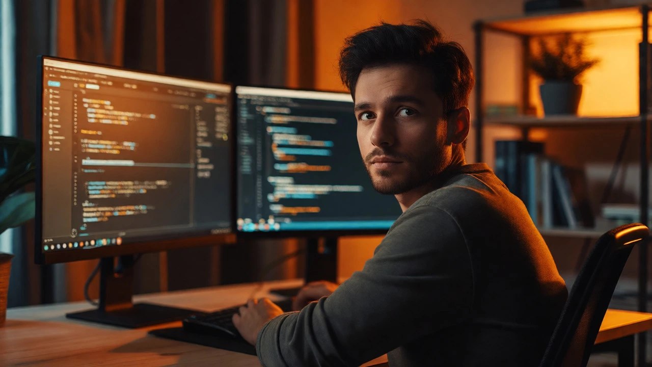 Confident developer working with TypeScript in a home office