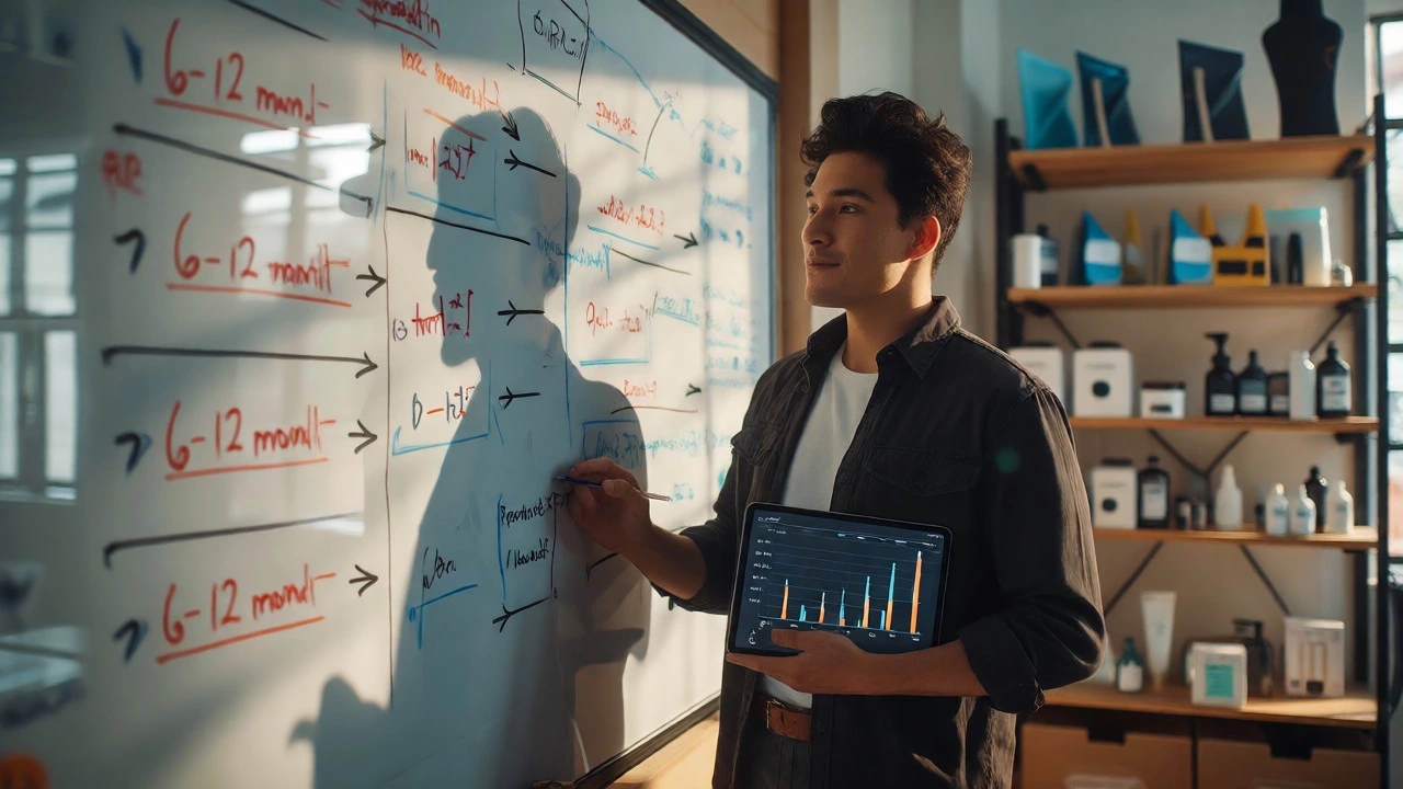 Confident founder reviewing growth metrics and product inventory after achieving profitability