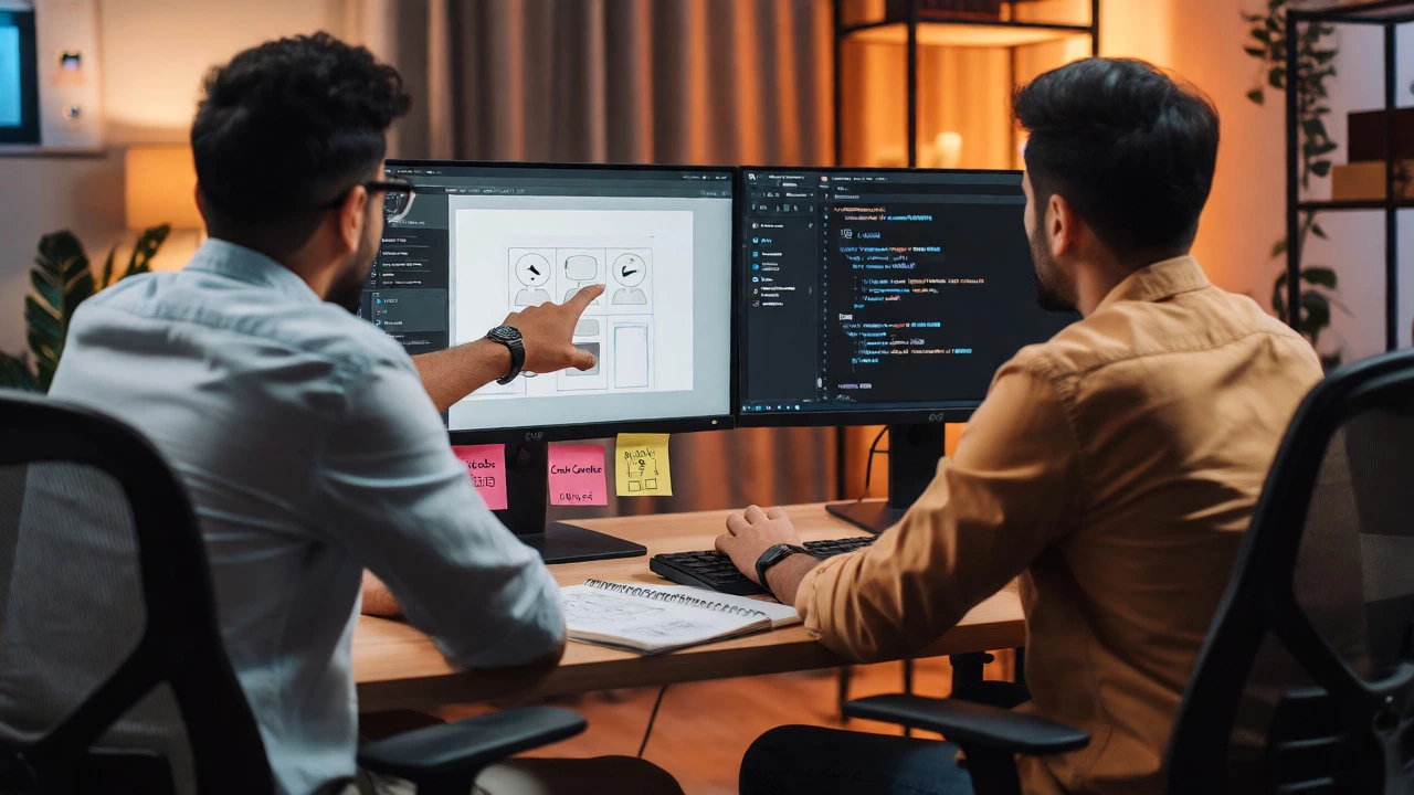 Designer and developer collaborating on UI handoff with code and design tools.