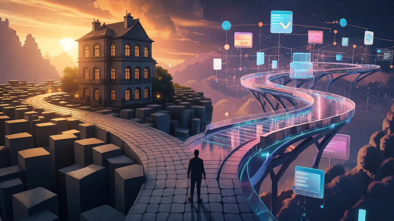 Fork in the road metaphor: PHP stability vs. JavaScript's expansive ecosystem.