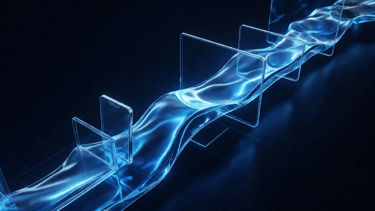 Glowing blue liquid adapting to different shaped glass containers representing various screen sizes.