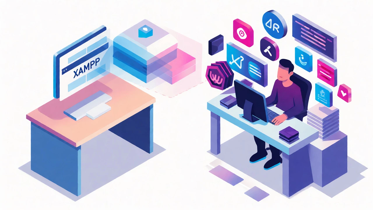 Isometric view contrasting simple PHP setup with complex JavaScript tooling.