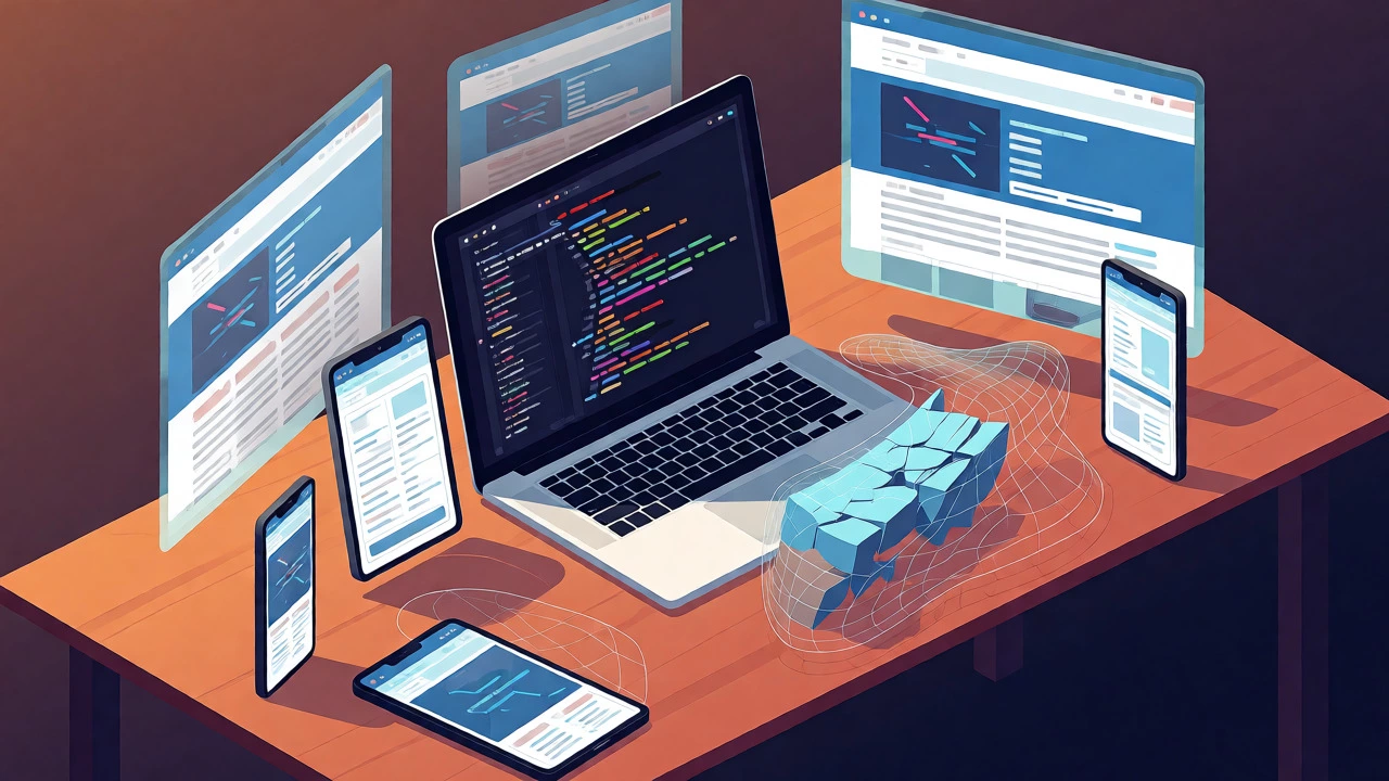 Isometric view of a developer workspace with holographic device projections showing adaptive layouts.