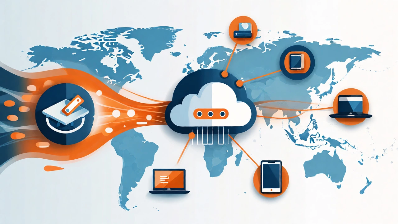 Vector illustration of code deploying from a repository to a global cloud network.